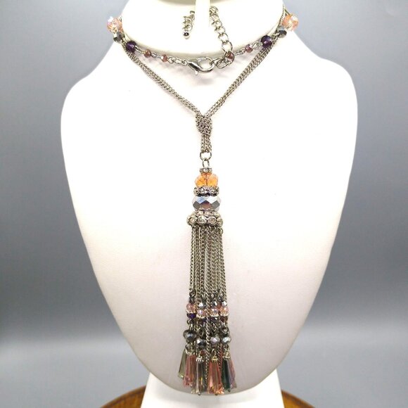 Crystal Chandelier Tassel Pendant Necklace, Soft Pink and Grey on Silver Tone - Picture 3 of 6